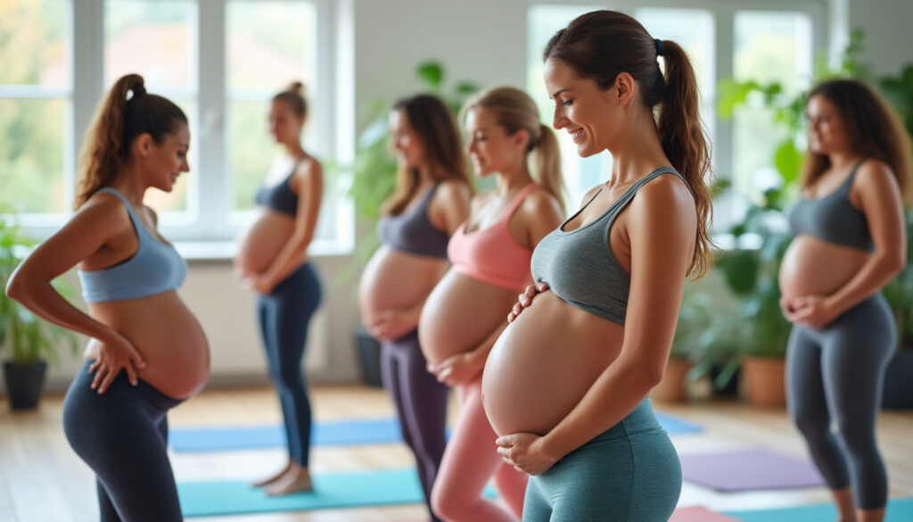 groupe de femmes enceintes participant à un cours de conditionnement physique adapté, favorisant bien-être et santé pendant la grossesse.