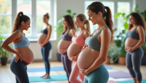 groupe de femmes enceintes participant à un cours de conditionnement physique adapté, favorisant bien-être et santé pendant la grossesse.